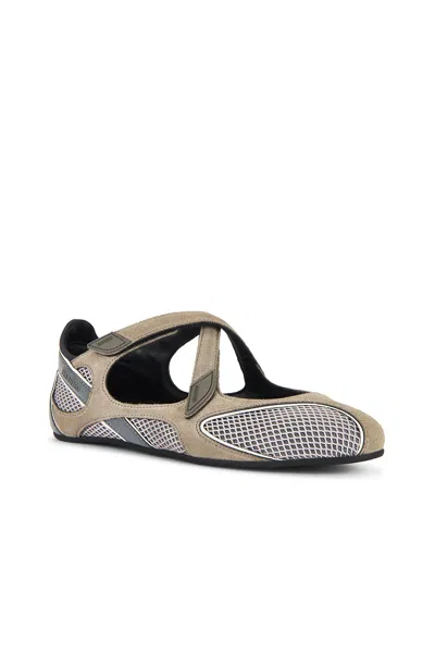 Attico Nomad Grey Ballet Shoes With Criss-crossed Straps And Mesh Panels In Tech Fabric And Suede Woman
