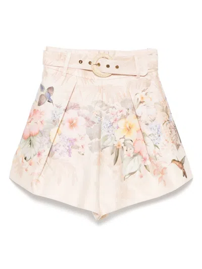 Zimmermann 'illuminate' Beige Shorts With Adlustable Belt And All-over Floral Print
