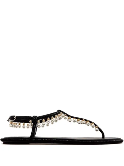 René Caovilla Flat Sandals Adorned Open Toe In Black