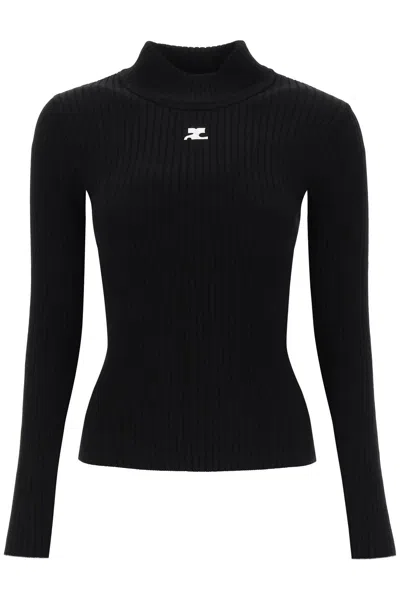 Courrèges Black Reedition Rib Knit Mock Neck Sweater