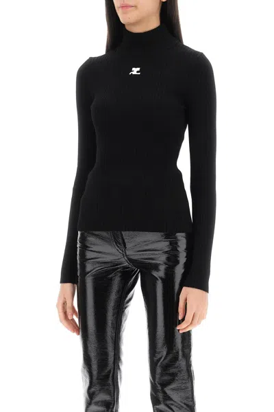 Courrèges Black Reedition Rib Knit Mock Neck Sweater