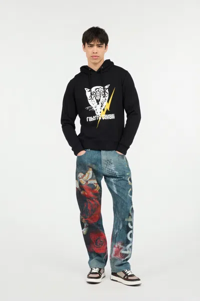 Roberto Cavalli Black Sweatshirt With Jaguar And Lightning