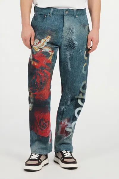 Roberto Cavalli Jeans With Rose And Snake Print