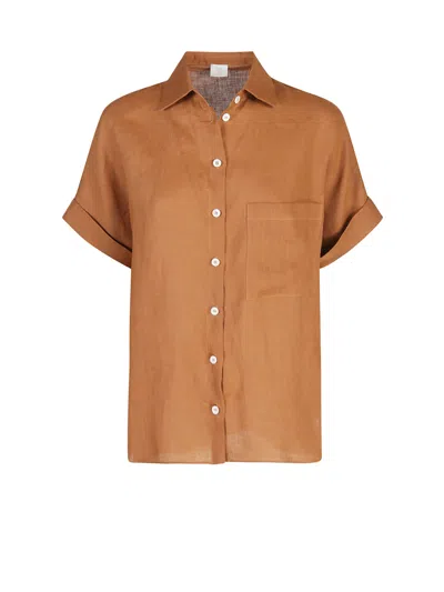 Eleventy Terracotta Shirt With Half Sleeves In Linen