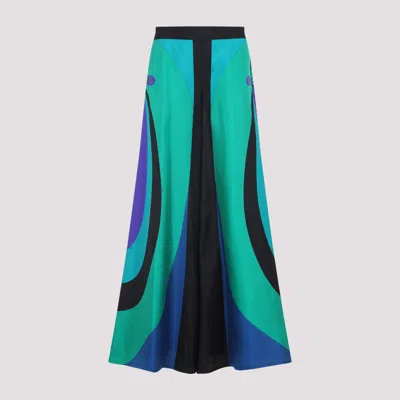 Emilio Pucci Flowing Silk Trousers With Abstract Teal In Green