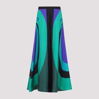 Emilio Pucci Flowing Silk Trousers With Abstract Teal In Green