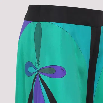Emilio Pucci Flowing Silk Trousers With Abstract Teal In Green