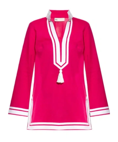 Tory Burch Cotton Short Dress With Contrasting Profiles In Pink