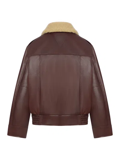 Bottega Veneta Brown Shearling Coat With Removable Fur Collar And Front Zip Closure In Leather Woman In Burgundy