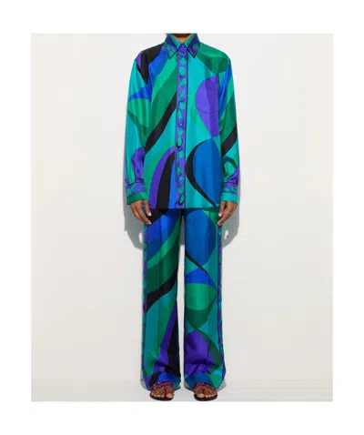 Pucci Pesci-print Silk Twill Button-down Blouse In Blue