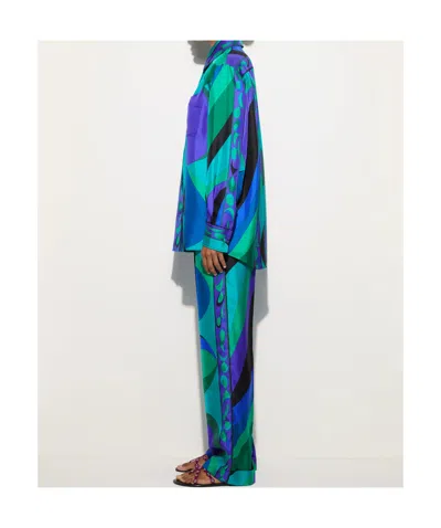 Pucci Pesci-print Silk Twill Button-down Blouse In Blue