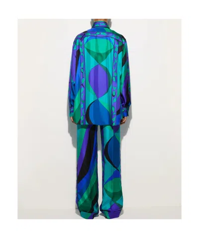 Pucci Pesci-print Silk Twill Button-down Blouse In Blue