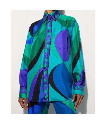 Pucci Pesci-print Silk Twill Button-down Blouse In Blue