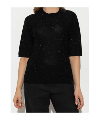 Fabiana Filippi Crewneck Wool Top Short Sleeves Sparkling Finish In Black