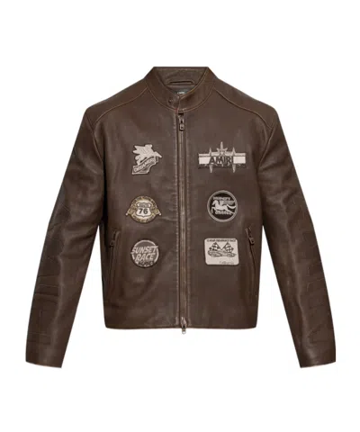 Amiri Leather Patch Racer Jacket In Brown