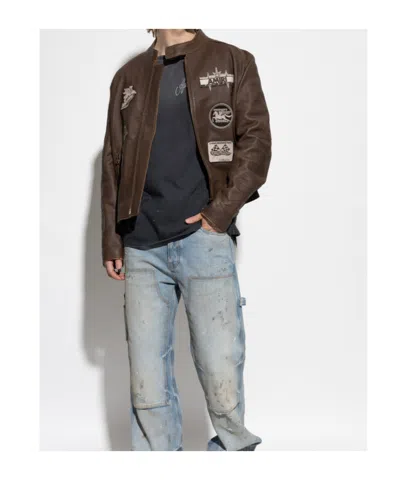 Amiri Leather Patch Racer Jacket In Brown
