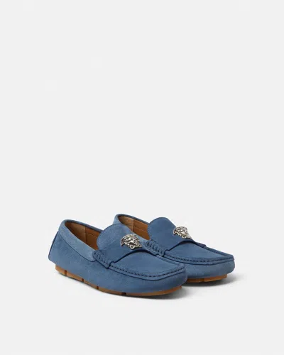 Versace La Medusa Suede Driver Shoes In Blue