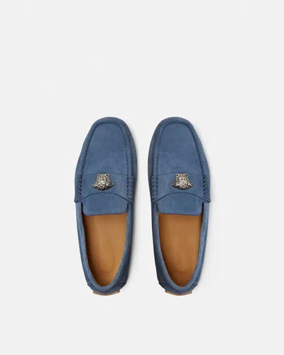 Versace La Medusa Suede Driver Shoes In Blue