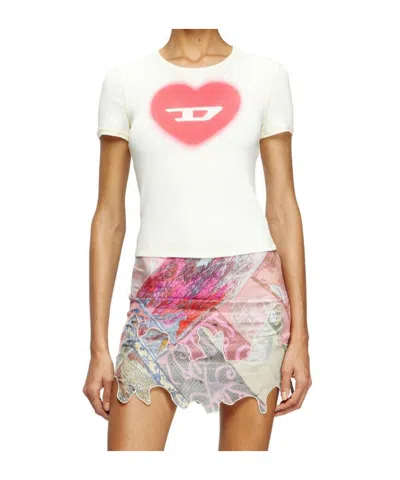 Diesel Women Ivory Ribbed Stretch Cotton T-ele T-shirt