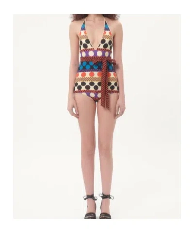 Valentino Lycra One-piece Swimsuit With Opticool Riga Pois Print Woman Multicolour S In Brown