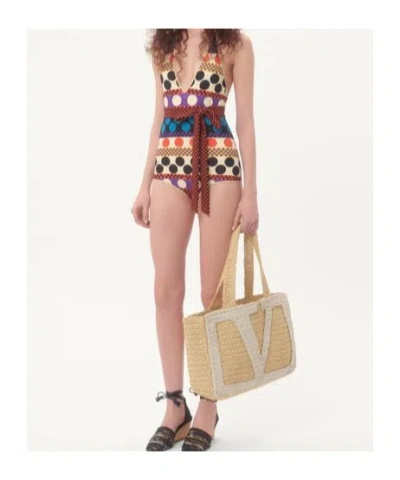 Valentino Lycra One-piece Swimsuit With Opticool Riga Pois Print Woman Multicolour S In Brown