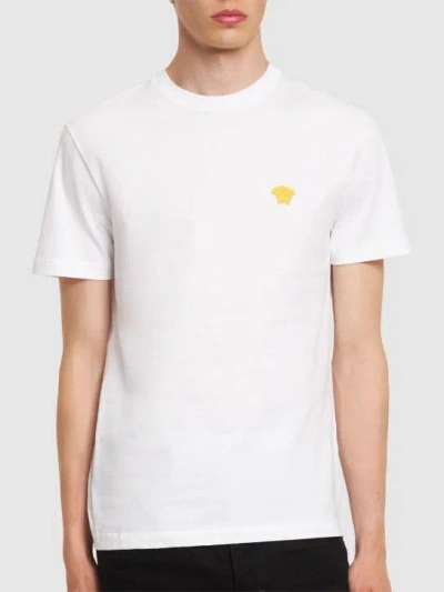 Versace White Crewneck T-shirt With Medusa Embroidery On The Front In Cotton Man