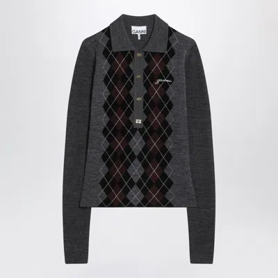 Ganni Grey Sweater With Classic Collar And Check Motif On The Front In Wool Woman In Gray