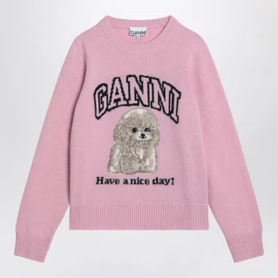Ganni Womens Chalk Pink Poodle Logo-motif Wool-blend Knit Jumper Xs In Pink