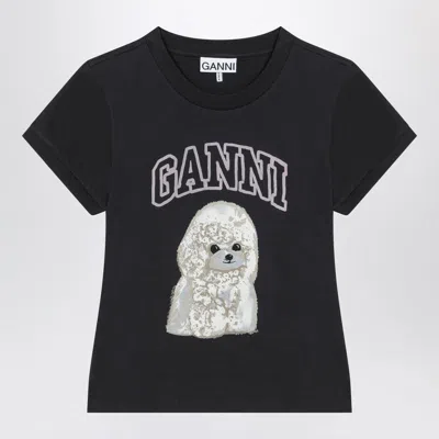 Ganni Women Black T-shirt With Round Neck And Maxi Logo On The Front In Cotton Woman In Blue