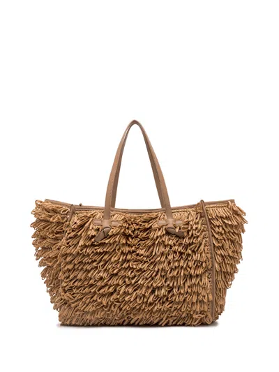 Gianni Chiarini Marcella Shopping Bag In Fabric With Raffia Curls In Brown