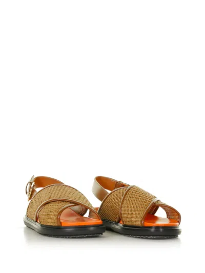 Marni Crossover Fussbett Sandal In Raffia Effect Fabric And Leather