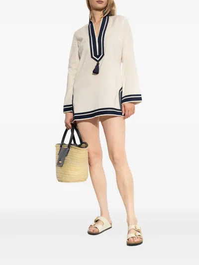 Tory Burch Cotton Short Dress With Contrasting Profiles In Neutral