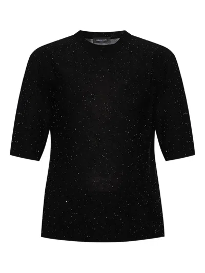 Fabiana Filippi Crewneck Wool Top Short Sleeves Sparkling Finish In Black