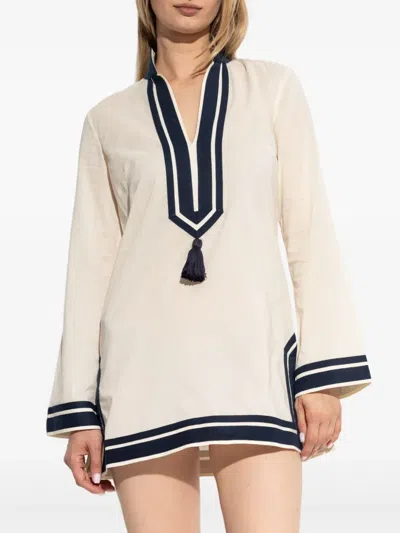 Tory Burch Cotton Short Dress With Contrasting Profiles In Neutral