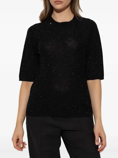 Fabiana Filippi Crewneck Wool Top Short Sleeves Sparkling Finish In Black