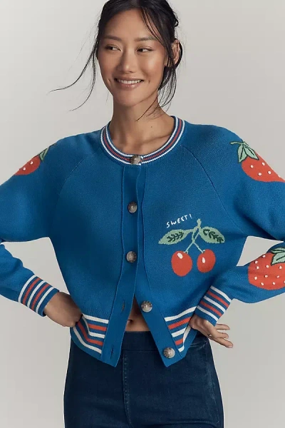 Mother Womens The Crop Rib Cherry-intarsia Cotton-blend Cardigan Tutti Frutti