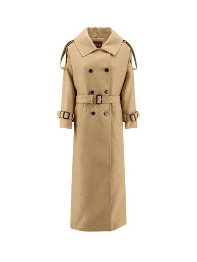 Gucci Wool And Silk Crepe Coat With All-over Gg Motif