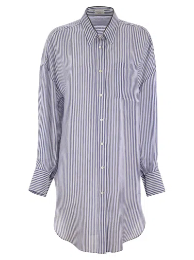 Brunello Cucinelli Linen And Silk Striped Organza Long Shirt With Shiny Collar Detail