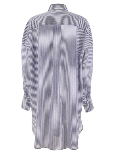 Brunello Cucinelli Linen And Silk Striped Organza Long Shirt With Shiny Collar Detail