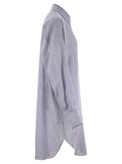 Brunello Cucinelli Linen And Silk Striped Organza Long Shirt With Shiny Collar Detail