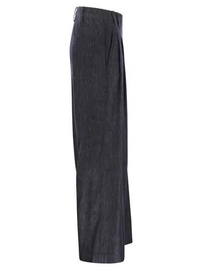 Brunello Cucinelli Cotton Wide Leg Denim Effect Pants In Blue In Blue