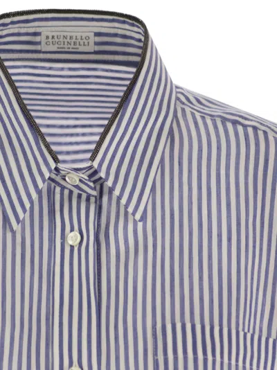 Brunello Cucinelli Linen And Silk Striped Organza Long Shirt With Shiny Collar Detail