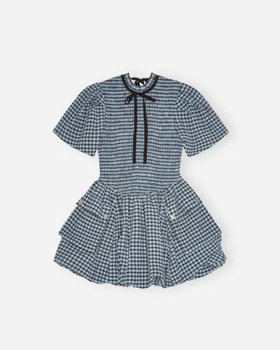 Ganni Blue Seersucker Check Mini Smock Dress