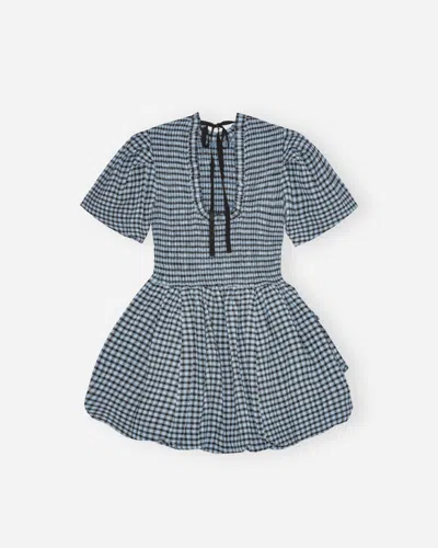 Ganni Blue Seersucker Check Mini Smock Dress