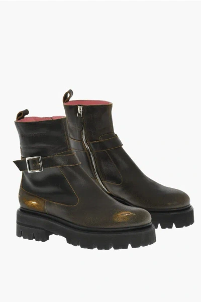 Dsquared2 Vintage Effect Leather Combat Boots With Buckle In Black