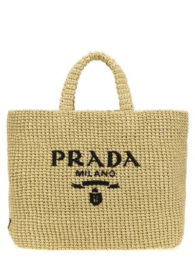 Prada Logo Woven Fabric Shopping Bag In Neutral