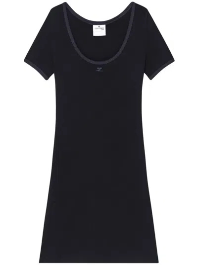 Courrèges Cotton Short Sleeves Mini Dress In Black