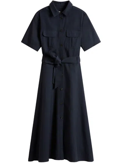Woolrich Black Long Dress With Short Sleeves And Belt In Blue