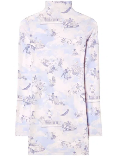 Off-white Light Blue High-neck Mini Dress With Print
