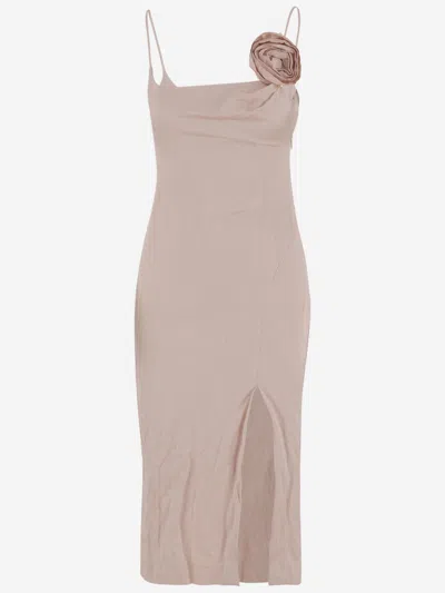 Blumarine Crinkled Satin Dress With 3d Rose